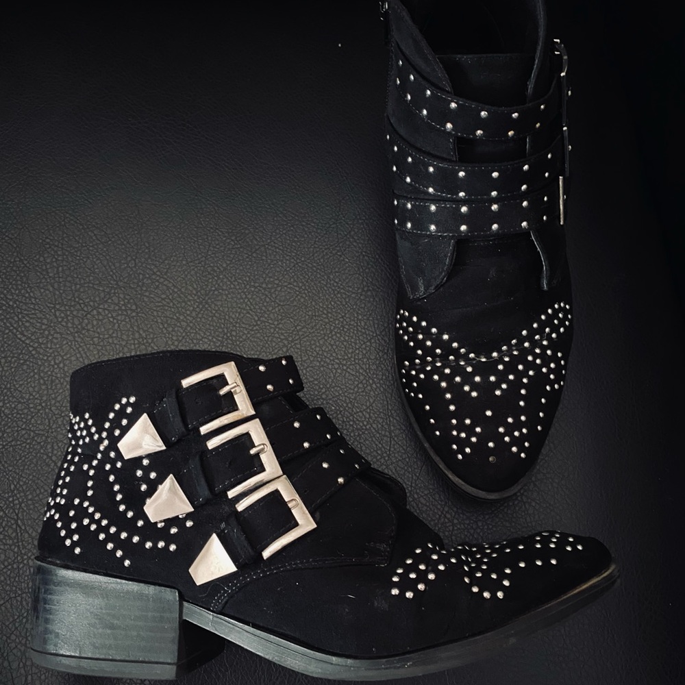 Faux suede western booties with silver buckles